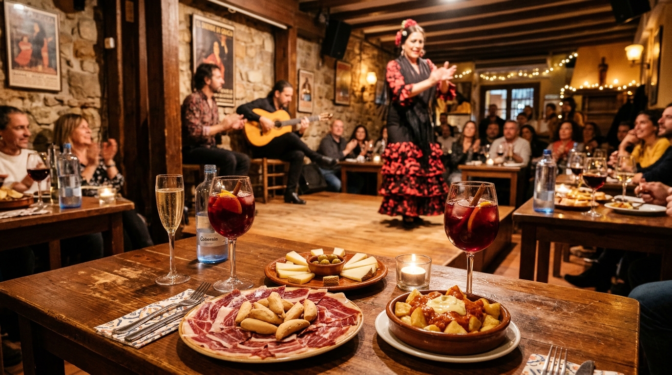 Traditional Spanish tapas dinner setting with wine and sangria overlooking a live flamenco performance on a wooden tablao stage in Barcelona