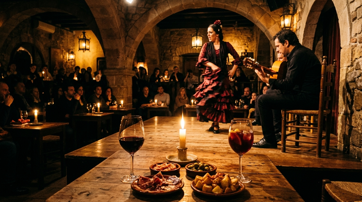 Traditional candlelit Spanish tablao setting with wine, tapas, and a passionate flamenco performance